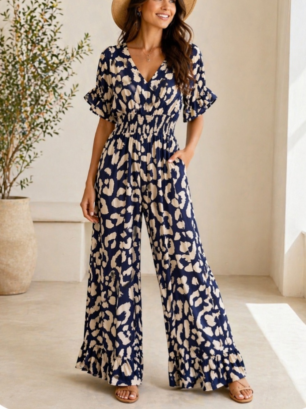 Kate Hewko Navy & Cream Printed Wide-Leg Jumpsuit